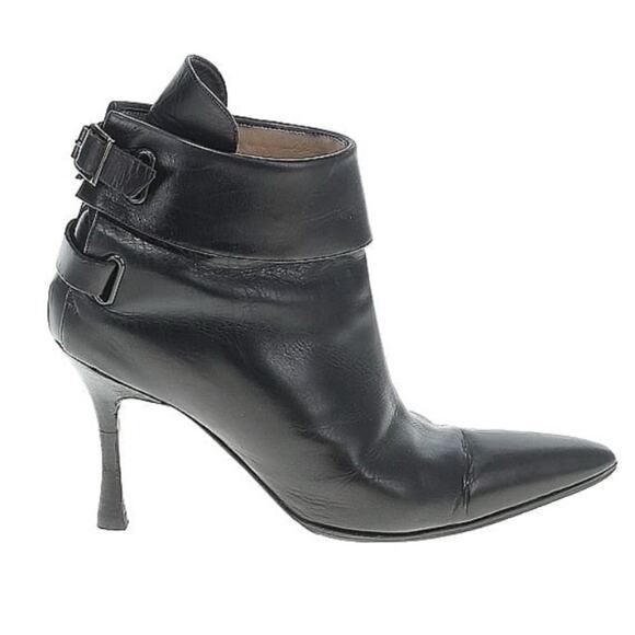 Manolo Blahnik Black Leather Heeled Buckle Boots EU 37/US 7 - Picture 1 of 2